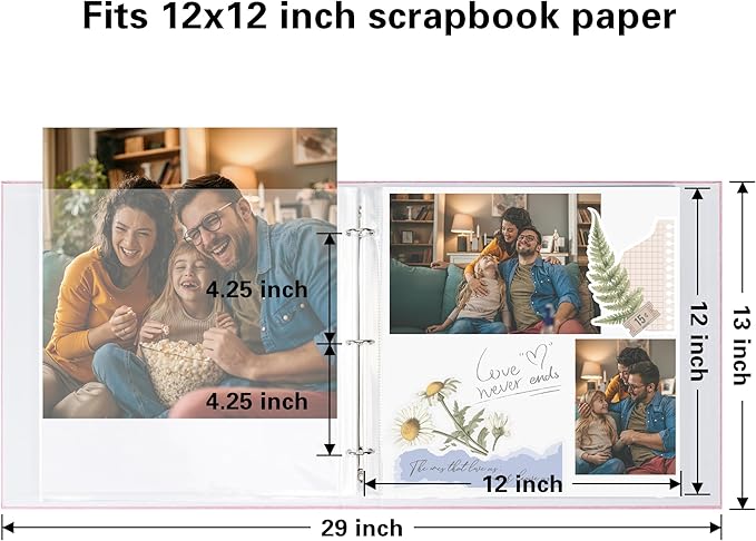 Vienrose 12x12 Inch Large 3 Ring Binder Scrapbook Photo Album, Linen Cover DIY Scrapbooks with 50 Sheets Plastic Sleeves 100 Pages Blank White Inner Pages for Wedding Birthday Baby Travel Pink