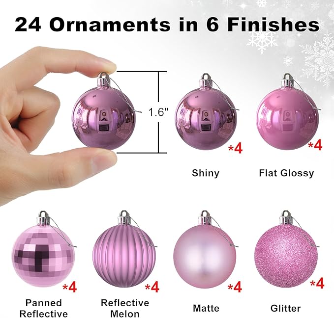 Bubblegun Pink 1.6" Small Christmas Balls Christmas Tree Decoration Ornaments Shatterproof Hanging Balls for Birthday Halloween Holiday Wedding Decorations Set of 24pcs