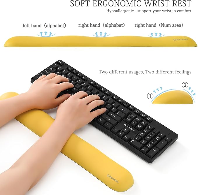 UnivoColors Design-Wave Set of Wrist Rest,Artificial Sheepskin+Memory Foam+Ergonomic+Anti-Slip Gel, Resilience Support During Work and Gaming,Keyboard Accessory,Yellow