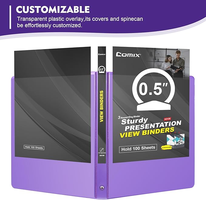 COMIX 3 Ring Binder 1/2 inch with Clear View Cover, 0.5" View Binder Holds 100 Sheets of US Letter Size Paper, 6 Pack (Purple)