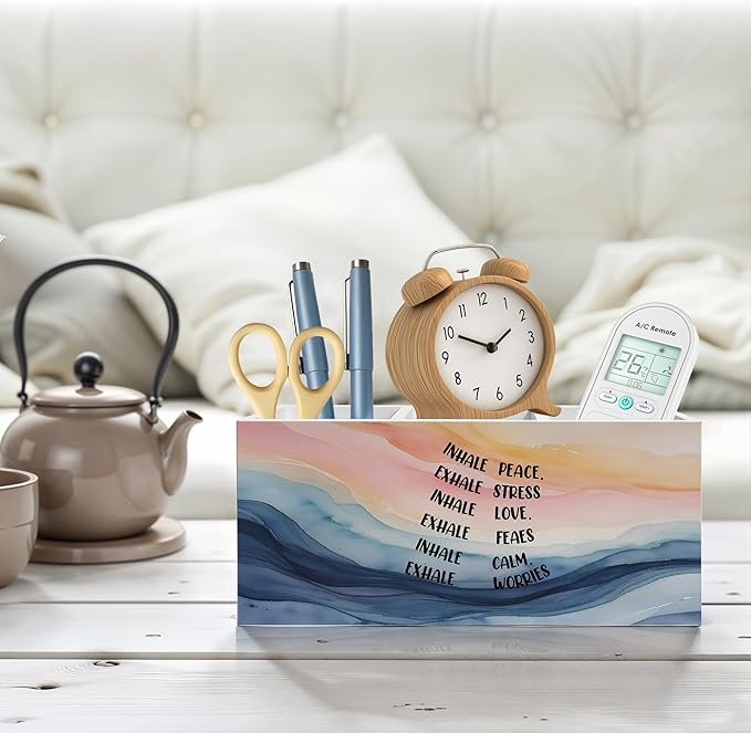 Abstract Mental Health Pencil Pen Holder for Desk, Inhale Peace Exhale Stress Wooden Pencil Holder Organizer for Therapy Office Desk Accessories, School Counselor Office Must Haves