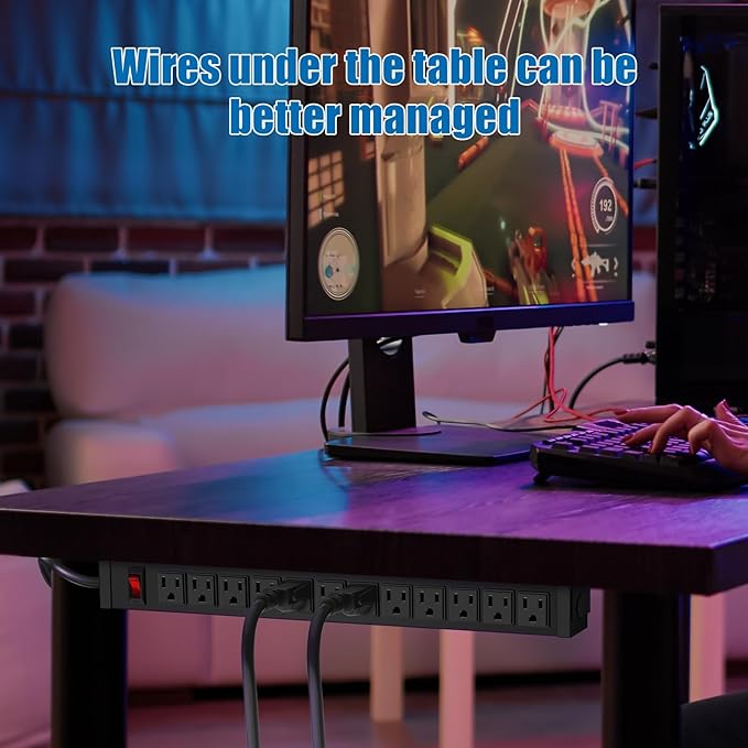 2Pack Rotating Mountable Power Strip, 12 Outlet Wall Mount Surge Protector, Metal Heavy Duty and Versatile Outlet Strip, Stylish Appearance, Sturdy and Durable, 10ft Power Cord.(Black)