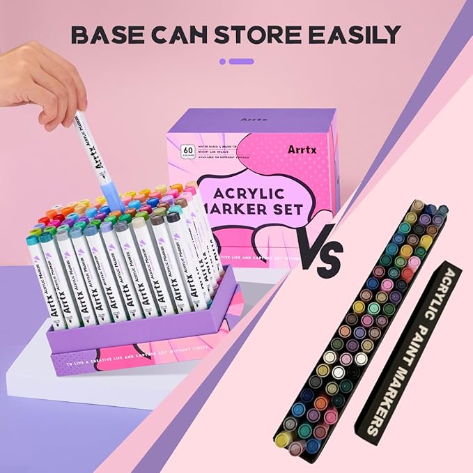 Arrtx Paint Markers Paint Pens 60 Colors, Acrylic Pens for Artists Adults Coloring Drawing Cartoon Anime Comic - Brush Tip for Rock, Wood, Canvas, DIY Crafts Making Art Supplies