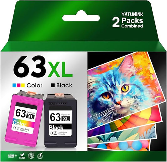 63XL Ink Cartridge Combo Pack Compatible for HP Ink 63 XL Works with HP DeskJet 1112 2100 3600 Series, Envy 4500 Series, OfficeJet 3800 4600 5200 Series (Black, Tri-Color)
