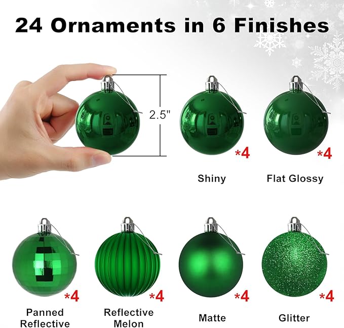Emerald Green 2.5" Christmas Balls Christmas Tree Decoration Ornaments Shatterproof Hanging Balls for Birthday Halloween Holiday Wedding Decorations Set of 24pcs
