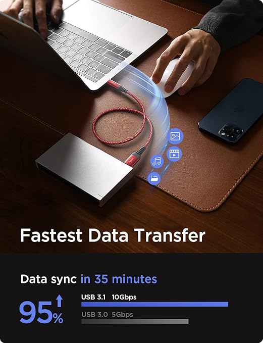 AINOPE 10Gbps Micro B to USB C Hard Drive Cable, [Nylon Braided] USB C to Micro B Cord, USB C to External Hard Drive Cable for Seagate WD Westgate, iPhone 16 Pro MacBook Air M2 Pro, 1.6FT, Red