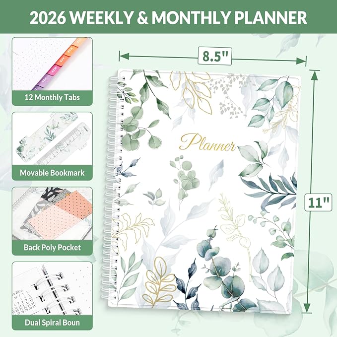 SUNEE 2026 Weekly and Monthly Planner - January 2026-December 2026, 8.5"x11" Half Weekly Half Note, Daily Agenda Planner with PVC Waterproof Cover, Monthly Tab, Note, Pockets, Bookmark, Leaf