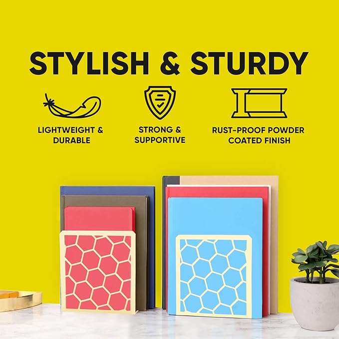 GEOMOD Geometric Honeycomb Yellow Metal Bookends Decorative - Tall Sturdy Book Ends for Shelves - Modern Heavy Duty Bookend Stopper - Office or Home Book Shelf - 6x3.25x6.25 Inches - 1 Pair