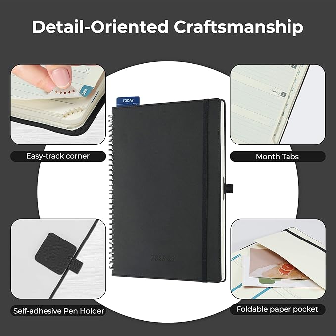 Planner 2025-2026 Daily Weekly and Monthly,11.5"x8.5",18 Months Spiral Bound Calendar Agenda with Self-adhesive Pen Holder,2026 Academic Plan with Vegan Leather Soft Cover,Black