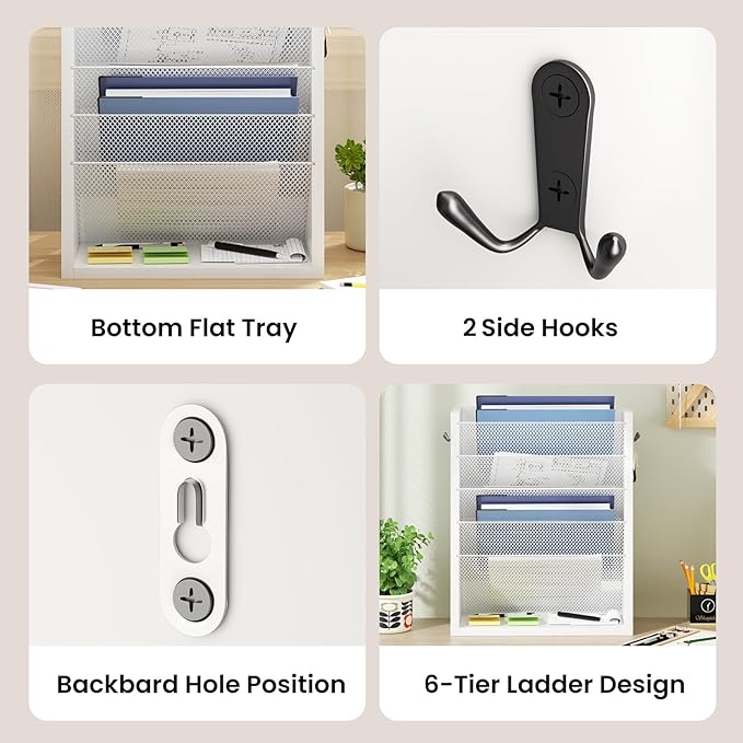 Hanging Wall File Organizer, 6 Tier Wood Wall File Holder with 2 Hooks, Mail Organizer Wall Mounted with Bottom Flat Tray, Vertical Paper Desk Storage for Office, Home, White