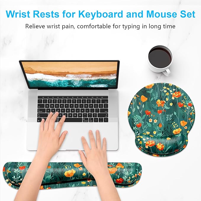 Dapesuom Keyboard Wrist Rest and Mouse Pad with Wrist Support, Cute Memory Foam Cushion for Keyboard and Mouse Set, Desktop Pad Rests with Non Slip Base for Easy Typing & Pain Relief, Forest Flowers