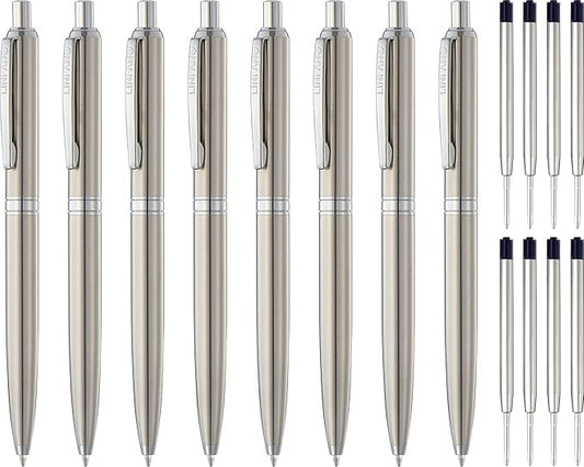 LINFANC 8 Pack Ballpoint Pens, Premium Retractable Metal Ballpoint Pen, Medium Point 1.0mm Black Ink Pen for Home School Work Office Supplies, Stainless Steel Trim, Extra 8 Refills