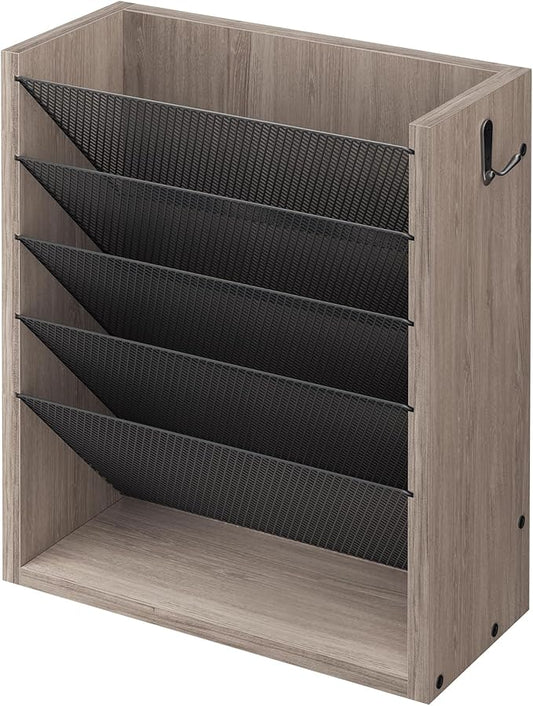 Hanging Wall File Organizer, 6 Tier Wood Wall File Holder with 2 Hooks, Mail Organizer Wall Mounted with Bottom Flat Tray, Vertical Paper Desk Storage for Office, Home, Greige