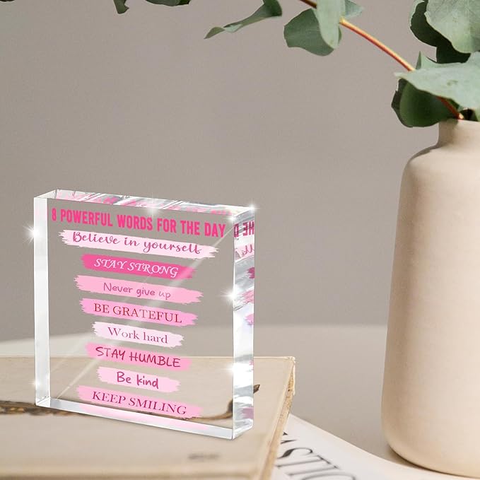 Pink Motivational Desk Decoration, 4x4 Inches Pink Acrylic, 8 Daily Motivational Phrases, Suitable For Desks, Home Decoration And Dressing Tables, A Positive Gift For Women