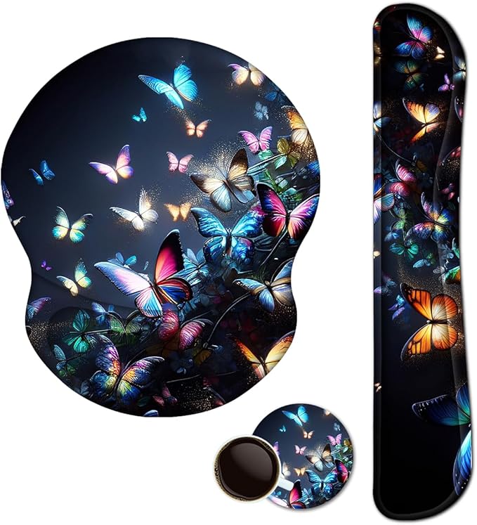 ARTSO Ergonomic Mouse Pad with Wrist Rest, Comfortable Keyboard Wrist Rest, Memory Foam Mousepad for Computer Keyboard, Mouse Pad Set for Easy Typing, Pain Relief, Night Butterfly