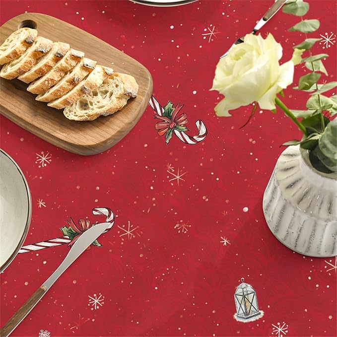Horaldaily Christmas Tablecloth 60×84 Inch Oval, Winter Snowman House Christmas Trees Red Washable Table Cover for Party Picnic Dinner Decor