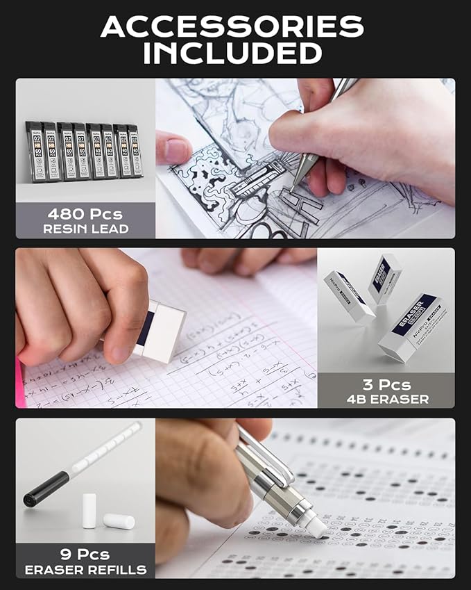 Nicpro 4 Pack Mechanical Pencil 0.7mm with Case, MB1000 Metal Mechanical Pencil Set with 8 Tube HB #2 Lead Refill 0.7 mm, 3PCS 4B Eraser, 9 Cap Eraser for Artist Drafting Writing, Sketching, Drawing