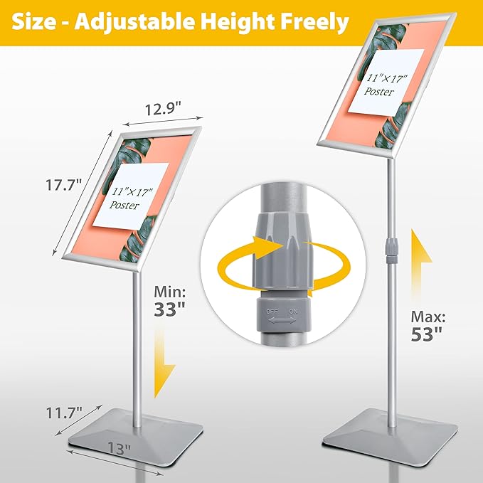 11"x17" Pedestal Poster Sign Holder Stand with Heavy Duty Solid Steel Base, Adjustable Sign Holder Standing Floor Sign Stand for Office/Store/School/Church/Public Sign Displayed Stands, Silver