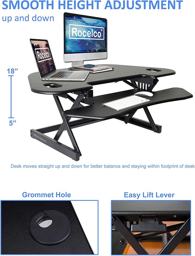 Rocelco 46" Height Adjustable Corner Standing Desk Converter with Anti Fatigue Mat BUNDLE, Quick Sit Standup Dual Monitor Riser, Computer Workstation-Keyboard Tray, (R CADRB-46-MAFM), Black