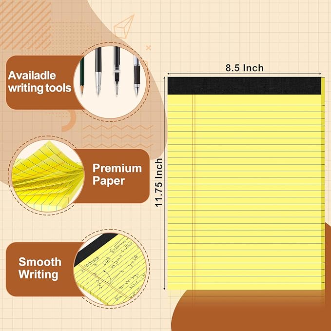 Legal Pads 8.5 X11.75, Narrow Ruled Notepads, 12 Pack, 30 Sheet/Pad, Yellow Legal Pads, Tear Off Notepad, Perforated Writing Pad, Notebook Paper College Ruled, Notepads For Office Home School, Notepad