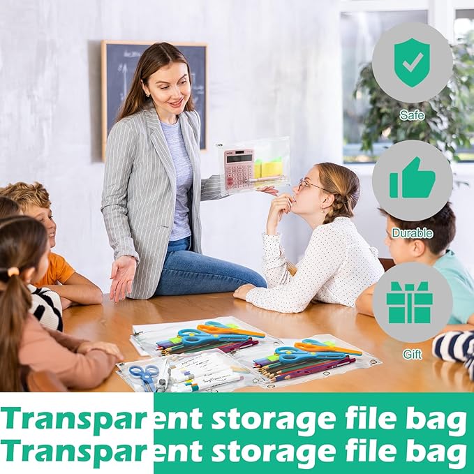 Lincia 12 Pack Clear Pencil Pouch for 3 Ring Binder Pencil Case with Metal Zipper 3 Ring Binder Pocket Inserts Bag 10 x 7'' Visible Cash Envelope with Re-enforced Grommet for College Office Supplies