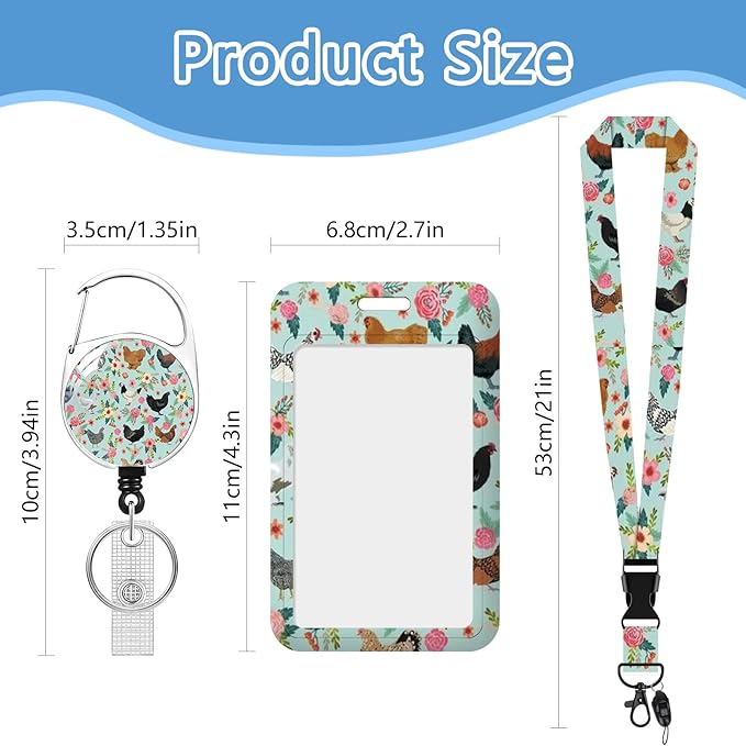 Floral Chickens Badge Holder Reel Lanyard,ID Card Badge Holder Retractable Name Tag Clips for Doctor Nurse Teacher Office Student