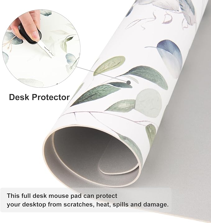 Colorful Star Large Mouse Pad, PU Leather Waterproof Desk Mat, Computer Gaming Mouse Pad, XXL Full Table Mousepad Non Slip Desk Pad for School Office Home 31.5" x 15.7" - Fresh Eucalyptus Leaves