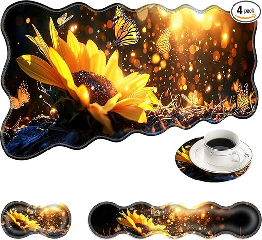 Large Mouse Pad and Keyboard Wrist Rest, Desk Pad for Keyboard and Mouse, 4-in-1 Large Gaming Mouse Pad with Wrist Support, Desk Mat for Home Office Study Game-Sunflower and Butterflies