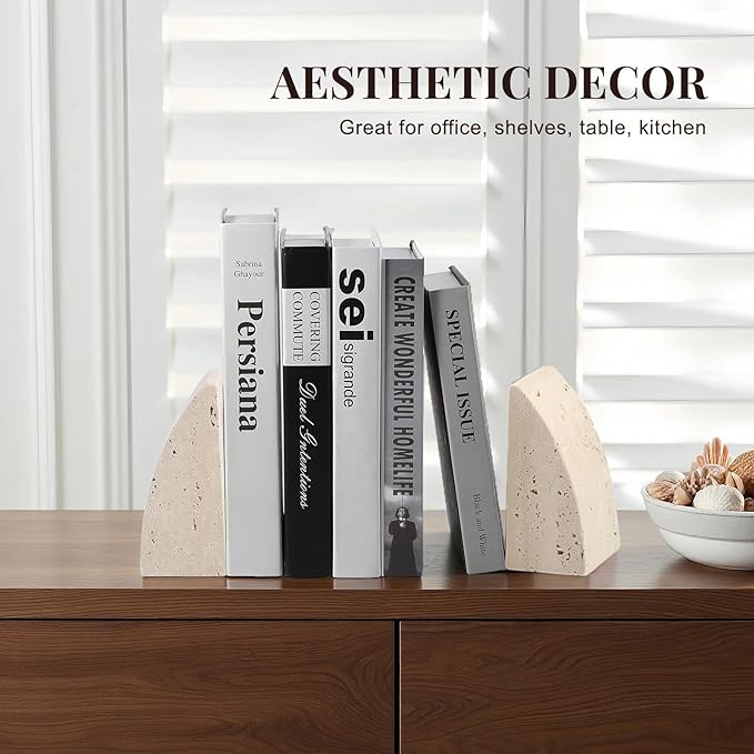 Koville Travertine Bookends for Shelves, Large Stone Bookends for Heavy Books, Non-Slip Heavy Duty Book Stopper for CD/Movies, Aesthetic Decorative Book Ends for Bookshelf Table Home Decor(Beige)