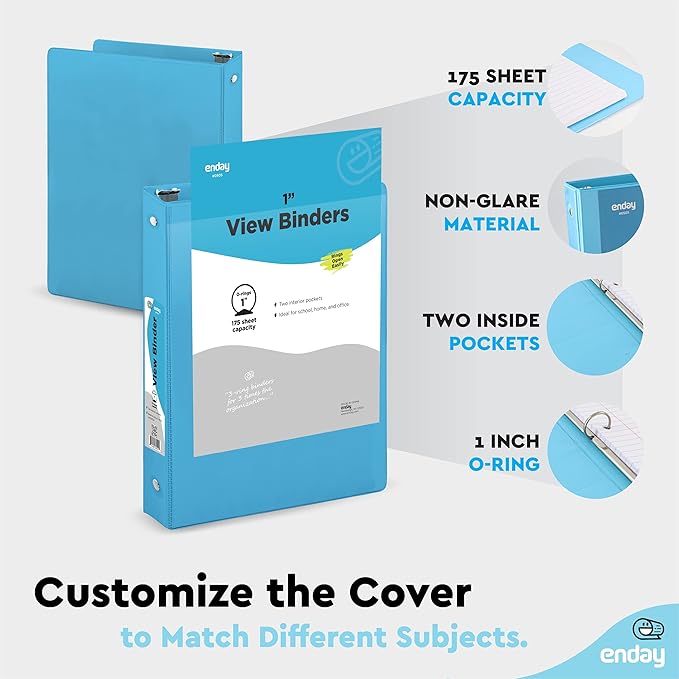 3 Ring Binder Blue, 1 Inch, 1” Clear View Cover with 2 Inside Pockets Round Ring Binder, Colored School Supplies Binders, Also Available in Pink, Blue, Purple, Green, and Grey (6 PC) – by Enday