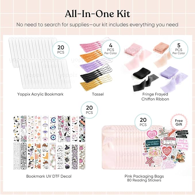YOPPIX 180 Pcs Acrylic Bookmark Blanks- 20 Set Bookmark Making Kit with 20 UV DTF Stickers About Halloween Theme 20 Tassels 20 Ribbon 80 Bookish Stickers for DIY Your Crafts Gift for Book Lover