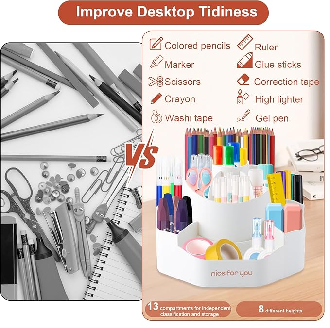 Rotating Desk Pen Organizer, 13 Storage Slots, Large Capacity Pen & Marker Holder, Multifunctional Desktop Organizer for Stationery, Cosmetics, and Kitchen (White)