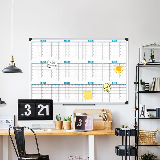 XBoard Magnetic Calendar Whiteboard 48" x 36", 12 Months Calendar Dry Erase Board, Silver Aluminium Framed White Board Planner for Home School Office Organization