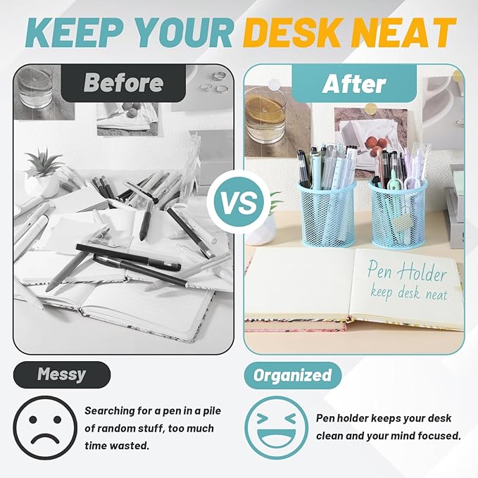 Segarty Pencil Holder, 6 Pack Light Blue Pen Holder, Pencils Cups Holder for Desk, Round Mesh Pens Container Organizer for Office Supplies, School Classroom, Makeup Brush, Home Storage