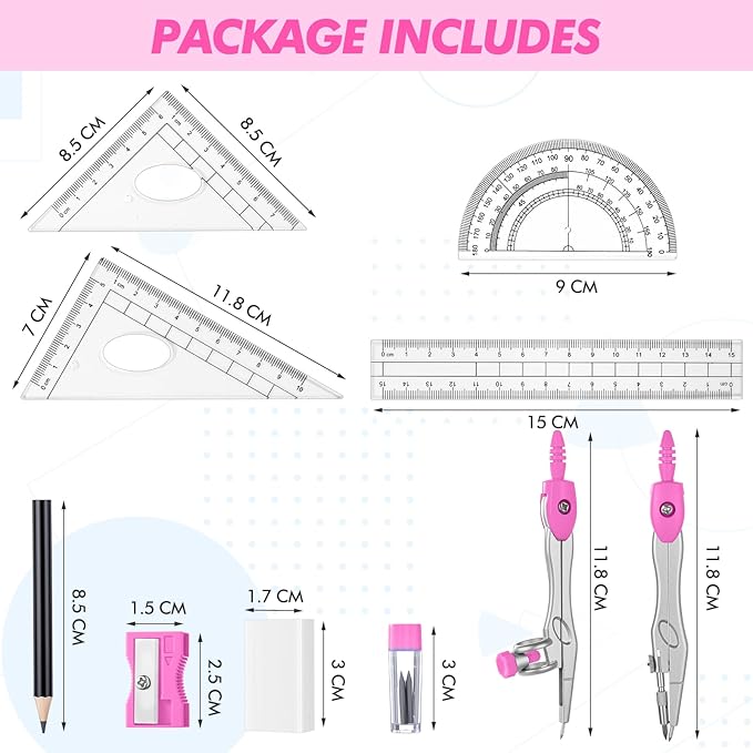 Zonon Math Geometry Set 10 Pcs Student Supplies with Shatterproof Storage Box, Includes Rulers Protractor Compass Pencil Sharpener Lead Refills Eraser Pencil for Drafting and Drawings(Pink)