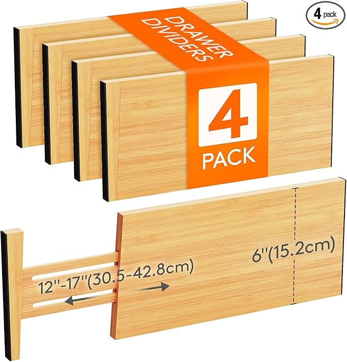 Lifewit 4 Pack Drawer Dividers Bamboo 6" High, 11-17" Adjustable Drawer Organizers for Clothes, Expandable Dresser Separators in Bedroom/Bathroom/Kitchen/Fridge/Office Organization and Storage