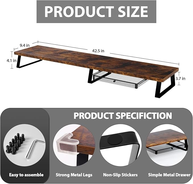 Aothia Dual Monitor Stand Riser - Metal Leg Monitor Stand with Drawer, Desk Shelf for PC, Laptop & Screen (Vintage)