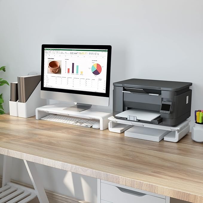 Monitor Stand Riser, Klearlook Foldable Computer Monitor Riser, Height Adjustable Computer Stand, Desk Shelf Riser with Storage Drawer & Tablet Phone Stand for Computer, Desktop, Laptop (White 2 Pack)