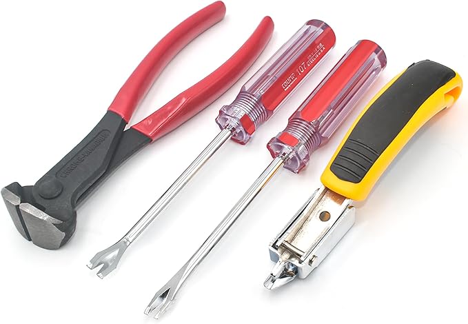 Upholstery Staple Remover Tack Puller Nail Remover Tools Set W End Cutting Pliers, Staple Puller, Tack Lifter, Fastener Remover, for Furniture Floor Wall Car Photo Frame, 4 in 1 Kit