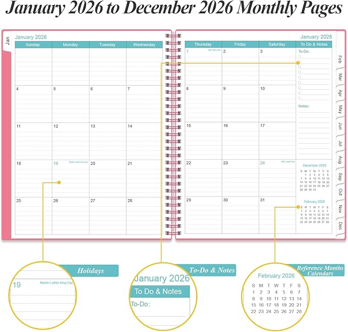 2026 Planner - Planner 2026 from January 2026 to December 2026 with 12 Monthly Tabs, Flexible Cover, Inner Pocket, 8.5" x 11", Pink-B