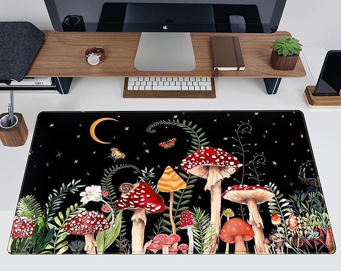 Ferns Leaves Cute Mushrooms Desk Mat Kawaii Green Plants Mouse Pad Xl Mat Large Gaming Desk Pad For Desk Decor Laptop Computer Keyboard Pad Desk Home Office For Women With Stitched Rounds 31.5x15.7 In
