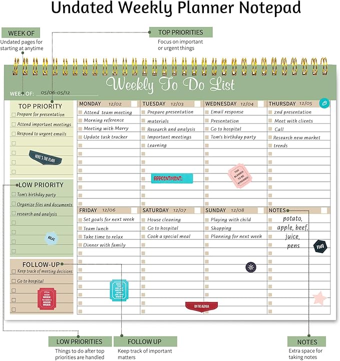 Weekly To Do List Notepad, 8.5''x11'' Weekly Desk Planner with 52 Tear Off Sheets Undated Weekly Planner Habit Tracker & Productivity Organizer for Home School and Work, Light Green