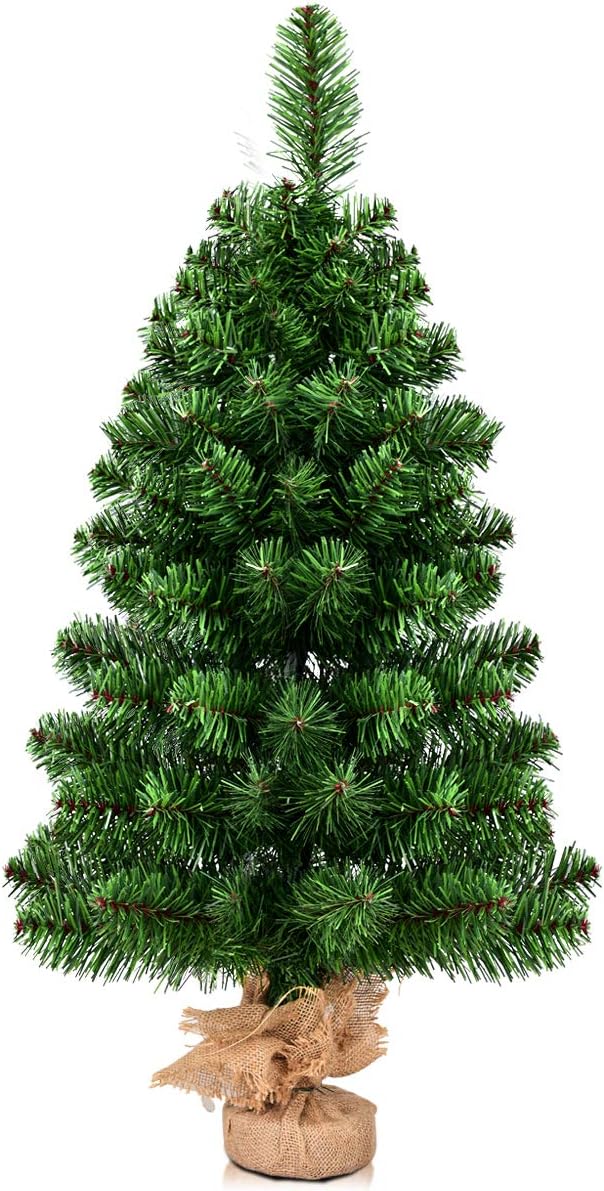 HAPPYGRILL 3 Feet Small Christmas Tree, Artificial Tabletop Mini Christmas Tree with 96 PVC Branch Tips, Burlap Cement Base, Spruce Xmas Tree for Home, Office Holiday Decoration, No Assembly Required