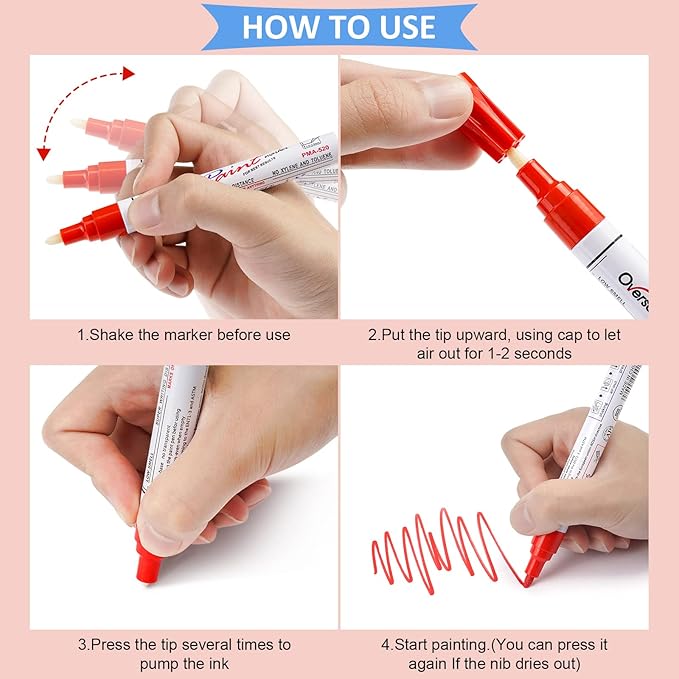 Overseas Red Paint Pens Permanent Markers 24 Pcs, Oil Based Paint Markers Set, Quick Drying, Waterproof, Medium Tip Marker Pens for Metal, Rock, Wood, Plastic, Canvas, Glass, Stone, Rubber, Paper