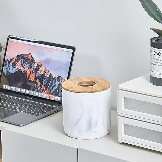 Polytree Marble White Mini Trash Can with Bamboo Lid,Small Countertop Trash Can,Desk Trash Can,Table top Mini Garbage Cans,Resin Tiny Waste Basket