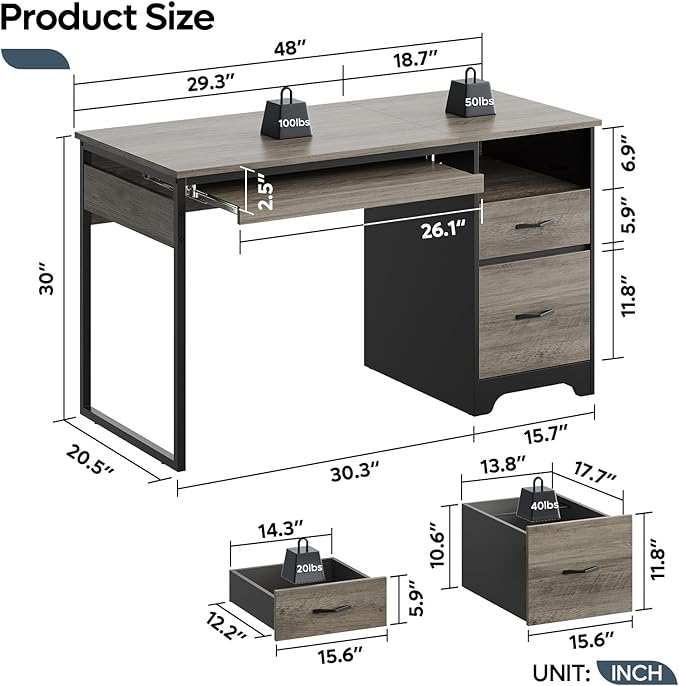 Bestier 48” Computer Desk with Drawers, Office Desk with Storage, Industrial Wood Writing Desk with File Drawer, Keyboard Tray & 2 Hooks for Home Office & Studio, Gray