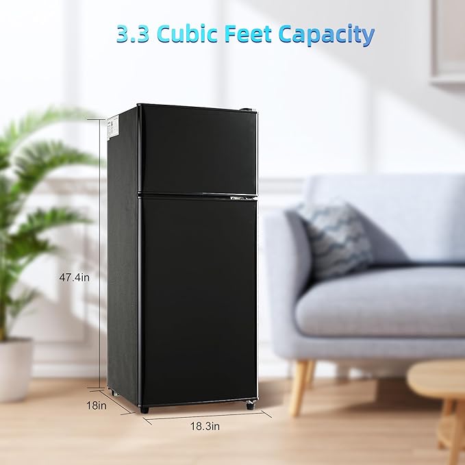 3.3 Cu. Ft. Mini Fridge with Freezer, Compact Refrigerator with Adjustable 7-Level Thermostat, Dorm Fridge for Kichen, RV, Office, Apartment, Black