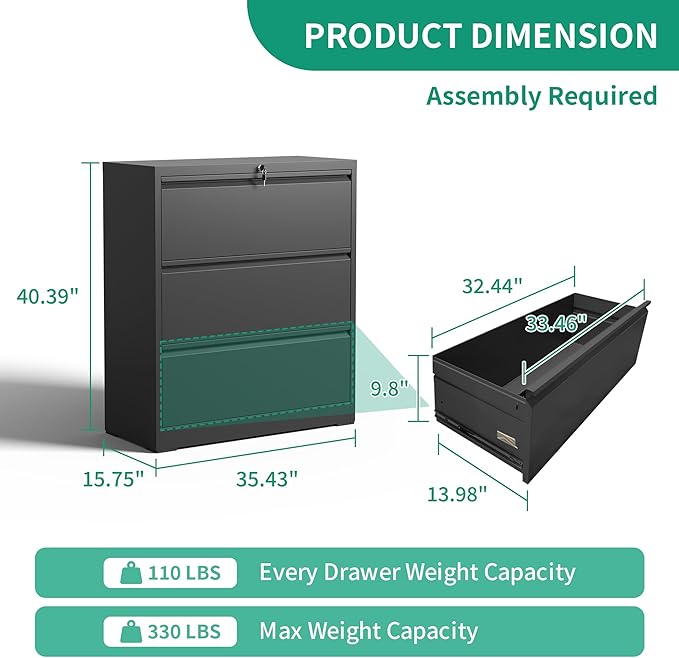 3 Drawer Lateral File Cabinets with Lock,Black Metal Lateral Filing Cabinet for Home Office,Wide Steel Storage Cabinet Commercial Drawer Cabinets for Legal/Letter/A4 Size Files Assembly Required