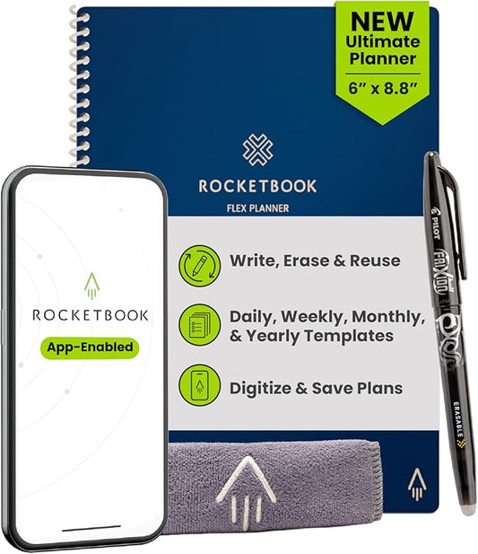 Rocketbook Flex Reusable Planner, Smart Undated, Daily, Weekly, Monthly, Annual Calendar Templates, Executive Size 6X8.8, Navy Blue (Pack of 1)