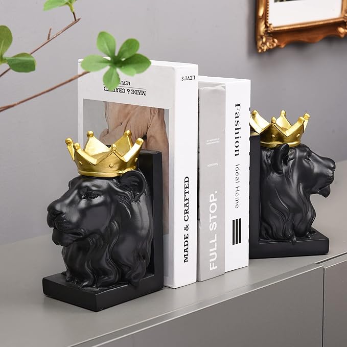 Book Ends Decorative, Lion Bookends for Shelves, Animal Book Stopper Decorative, Modern Book Ends for Heavy Books, Lion Figurines Statues Indoor, Unique Book Lover Gift(Black Lion)